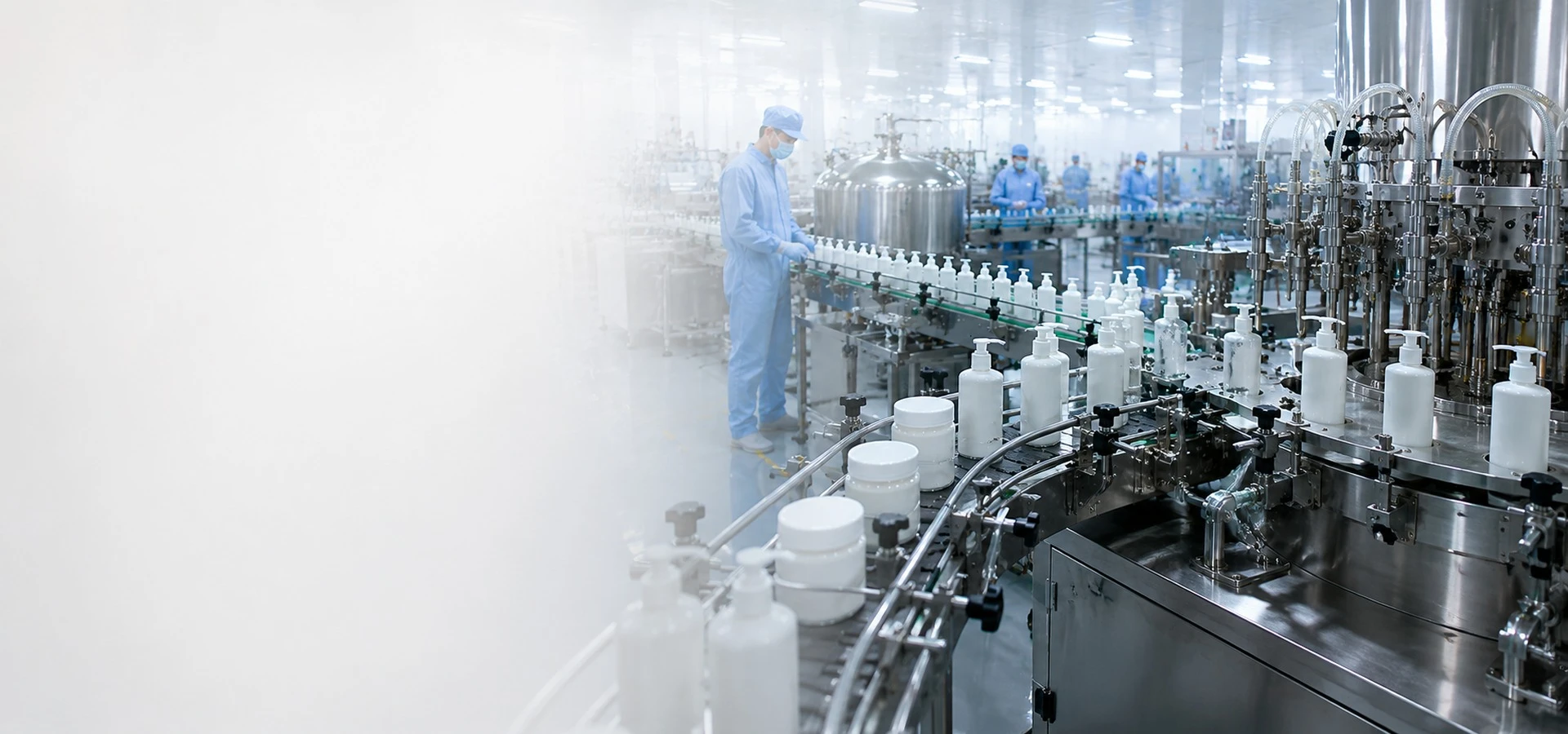 OEM ODM body care manufacturing facility with automated filling lines and blue cleanroom workers in China